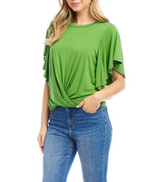 Karen Kane Knit Crew Neck Short Flowing Sleeve Front Twist Top