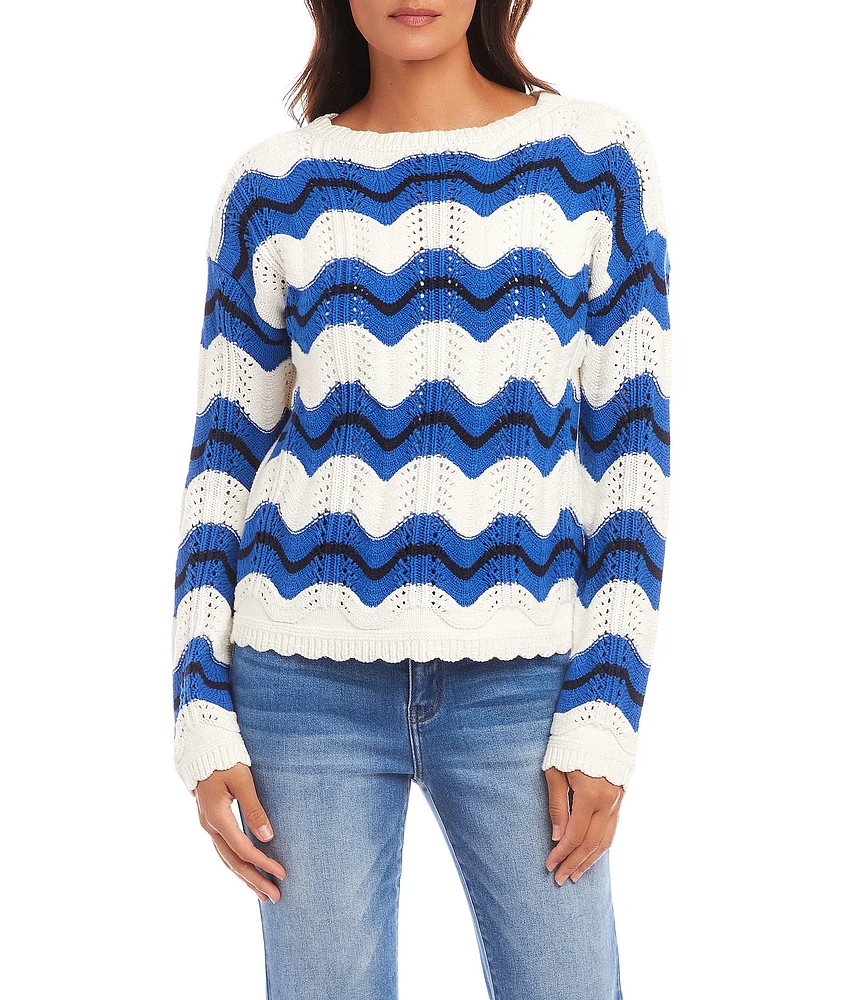 Karen Kane Knit Pointelle Zigzag Crew Neck Long Sleeve Top