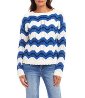 Karen Kane Knit Pointelle Zigzag Crew Neck Long Sleeve Top