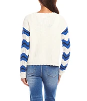 Karen Kane Knit Pointelle Zigzag Crew Neck Long Sleeve Top