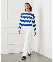 Karen Kane Knit Pointelle Zigzag Crew Neck Long Sleeve Top