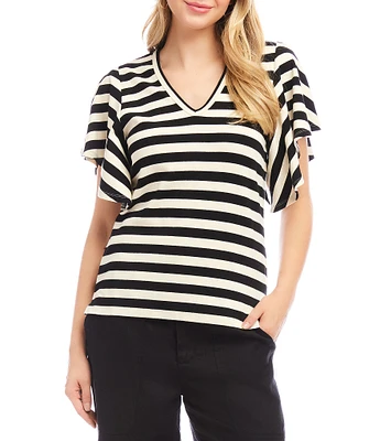 Karen Kane Knit Stripe V-Neck Short Flutter Sleeve Top