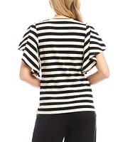 Karen Kane Knit Stripe V-Neck Short Flutter Sleeve Top
