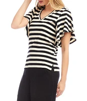 Karen Kane Knit Stripe V-Neck Short Flutter Sleeve Top