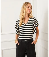 Karen Kane Knit Stripe V-Neck Short Flutter Sleeve Top