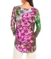 Karen Kane Knit Tie-Dye Burnout Floral Print Scoop Neck 3/4 Sleeve Top