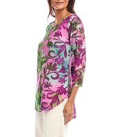 Karen Kane Knit Tie-Dye Burnout Floral Print Scoop Neck 3/4 Sleeve Top