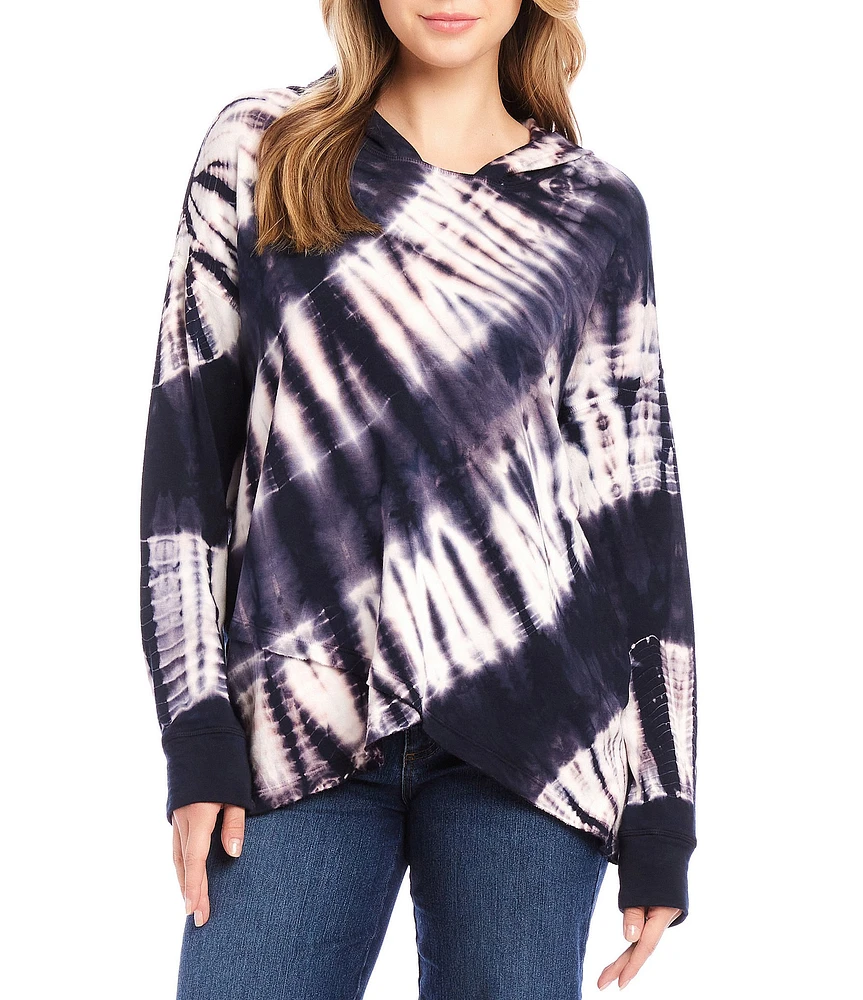 Karen Kane Knit Tie-Dye Print Long Sleeve Asymmetric Hem Hoodie