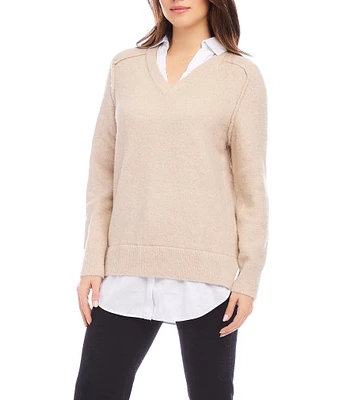 Karen Kane Layer Sweater Collared V Neckline Long Sleeve Top