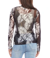 Karen Kane Leaf Print Breathable Stretch Mesh Crew Neck Long Sleeve Fitted Top