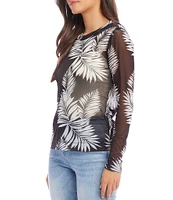 Karen Kane Leaf Print Breathable Stretch Mesh Crew Neck Long Sleeve Fitted Top