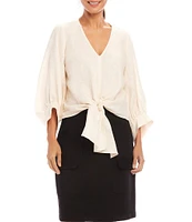 Karen Kane Linen 3/4 Sleeve V-Neck Tie Front Blouse