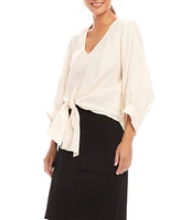 Karen Kane Linen 3/4 Sleeve V-Neck Tie Front Blouse