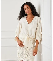 Karen Kane Linen 3/4 Sleeve V-Neck Tie Front Blouse