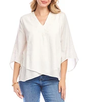 Karen Kane Linen Blend Bracelet Sleeve Embroidered Asymmetric Top