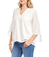 Karen Kane Linen Blend Bracelet Sleeve Embroidered Asymmetric Top