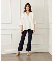 Karen Kane Linen Blend Bracelet Sleeve Embroidered Asymmetric Top
