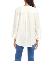 Karen Kane Linen Blend Embroidered V-Neck 3/4 Sleeve Asymmetric Top