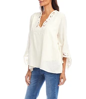 Karen Kane Linen Blend Embroidered V-Neck 3/4 Sleeve Asymmetric Top