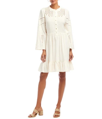 Karen Kane Linen Blend Flare Sleeve Embroidered Tiered Dress