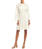 Karen Kane Linen Blend Flare Sleeve Embroidered Tiered Dress
