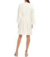 Karen Kane Linen Blend Flare Sleeve Embroidered Tiered Dress