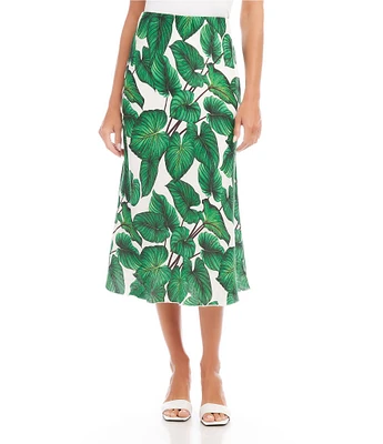 Karen Kane Linen Blend Floral Leaf Print A-Line Bias Cut Midi Skirt