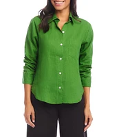 Karen Kane Linen Point Collar 3/4 Ruched Sleeve Button Front Shirt
