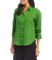 Karen Kane Linen Point Collar 3/4 Ruched Sleeve Button Front Shirt