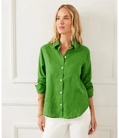 Karen Kane Linen Point Collar 3/4 Ruched Sleeve Button Front Shirt