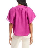Karen Kane Linen Split V-Neck Short Flutter Sleeve Top