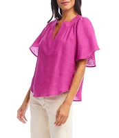 Karen Kane Linen Split V-Neck Short Flutter Sleeve Top