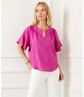 Karen Kane Linen Split V-Neck Short Flutter Sleeve Top