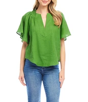 Karen Kane Linen Split V-Neck Short Flutter Sleeve Top