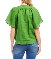 Karen Kane Linen Split V-Neck Short Flutter Sleeve Top