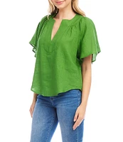 Karen Kane Linen Split V-Neck Short Flutter Sleeve Top