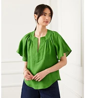 Karen Kane Linen Split V-Neck Short Flutter Sleeve Top