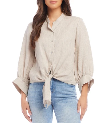 Karen Kane Linen Tie Front Button Down 3/4 Sleeve Top