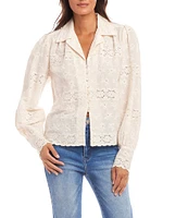 Karen Kane Notch Collar Long Sleeve Embroidered Eyelet Blouse