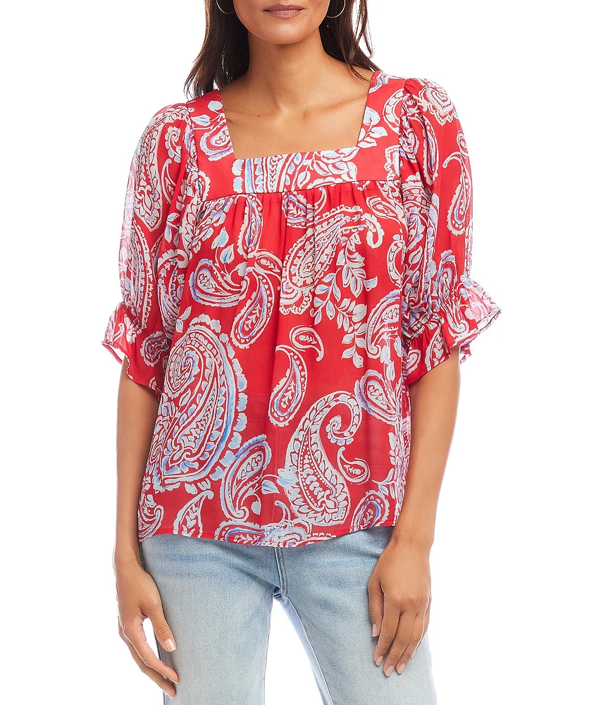 Karen Kane Paisley Square Neck Ruffle Puff Sleeve Top