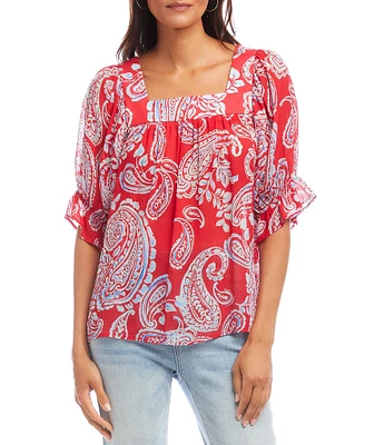 Karen Kane Paisley Square Neck Ruffle Puff Sleeve Top