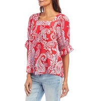 Karen Kane Paisley Square Neck Ruffle Puff Sleeve Top
