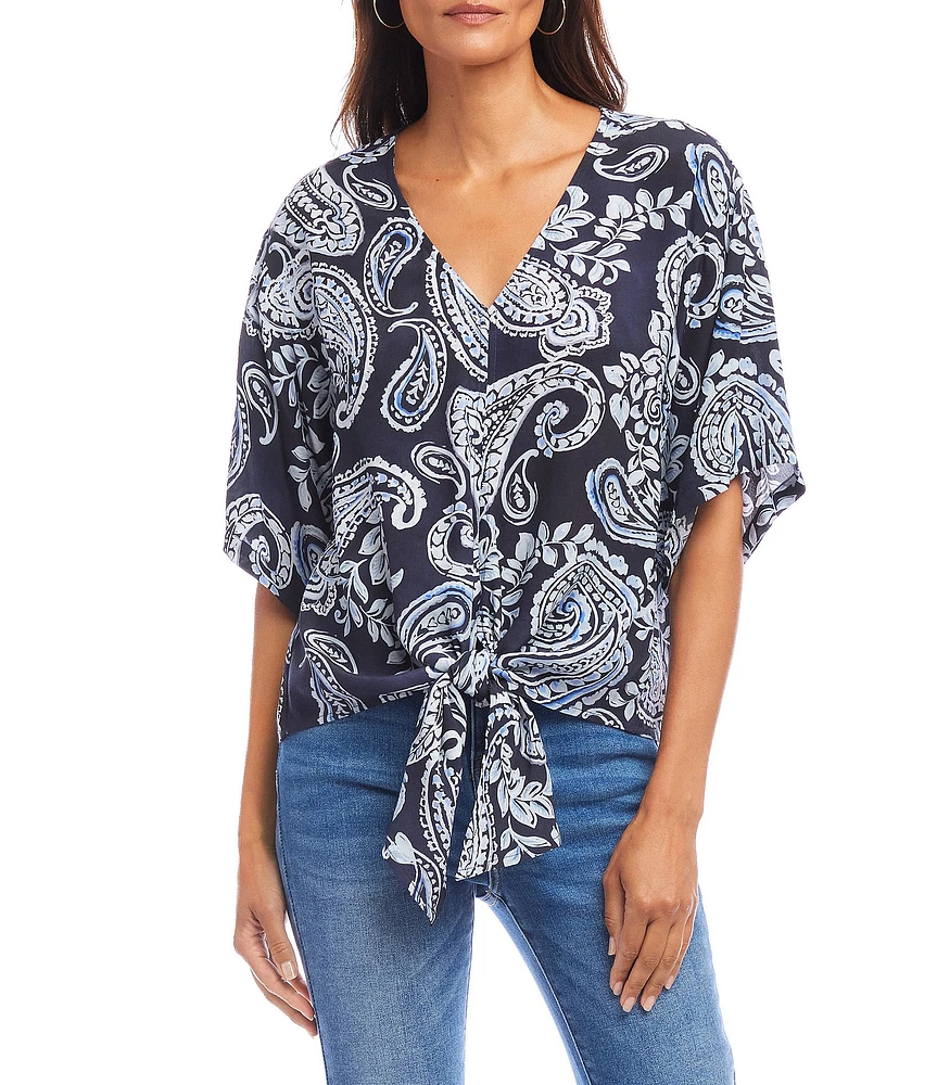 Karen Kane Paisley V-Neck Flutter Sleeve Tie Front Top