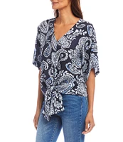 Karen Kane Paisley V-Neck Flutter Sleeve Tie Front Top