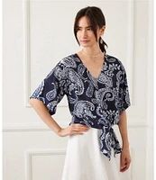 Karen Kane Paisley V-Neck Flutter Sleeve Tie Front Top