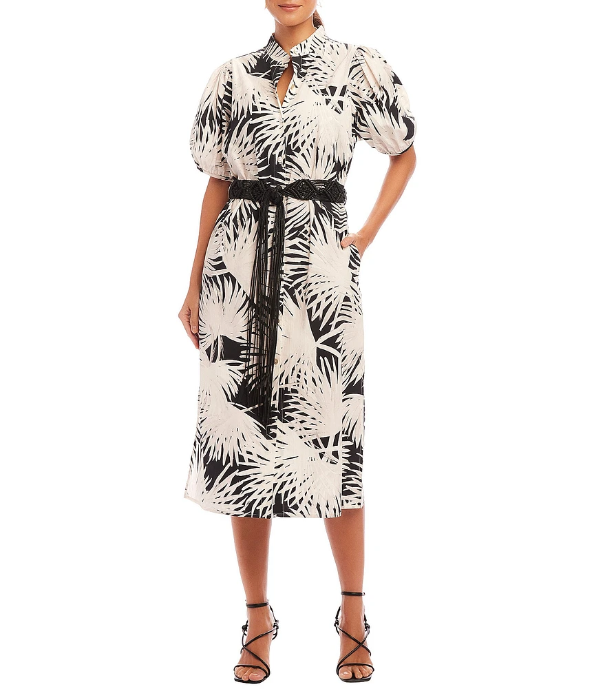 Karen Kane Tropical Palm Print Puff Sleeve Midi Shirt Dress