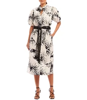Karen Kane Tropical Palm Print Puff Sleeve Midi Shirt Dress