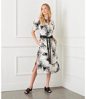 Karen Kane Tropical Palm Print Puff Sleeve Midi Shirt Dress
