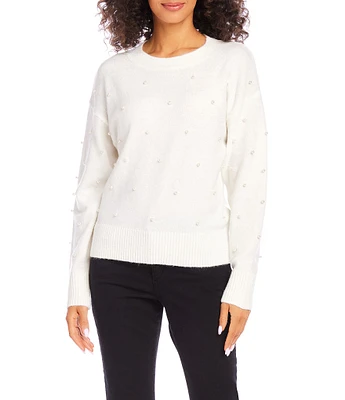 Karen Kane Pearl Embellished Crewneck Long Sleeve Stretch Sweater