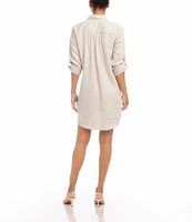 Karen Kane Petite Size Collared V-Neck 3/4 Roll-Tab Sleeve Linen Shirtdress